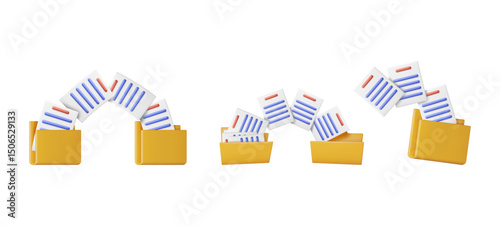 Three illustrations of documents transferring between yellow folders, visualizing file backup and data organization. Digital document transfer and file management concept.