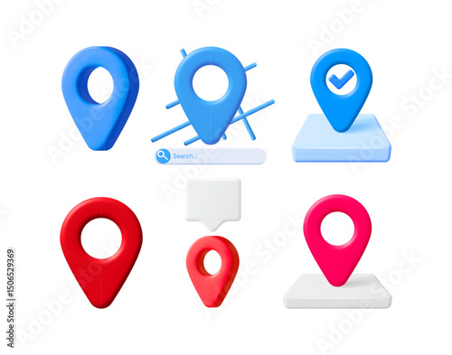 Collection of 3d vector map pin locator icon sets, including a checkmark, chat bubble, and search bar for location tracking.