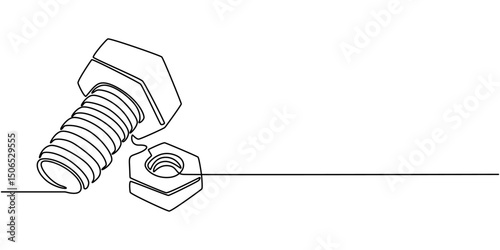 Screw, nail, bolt one line art. Continuous line drawing of repair, professional, hand, people, concept, support, maintenance, Screw, bolt and nut, dowel, pin, pintle one line art. Continuous line draw