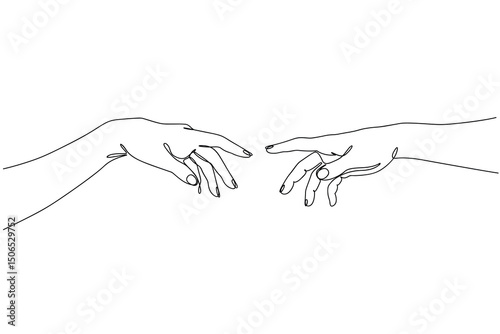 Continuous one line drawing of two hands reaching for each other. Concept of love, hope, helping or support