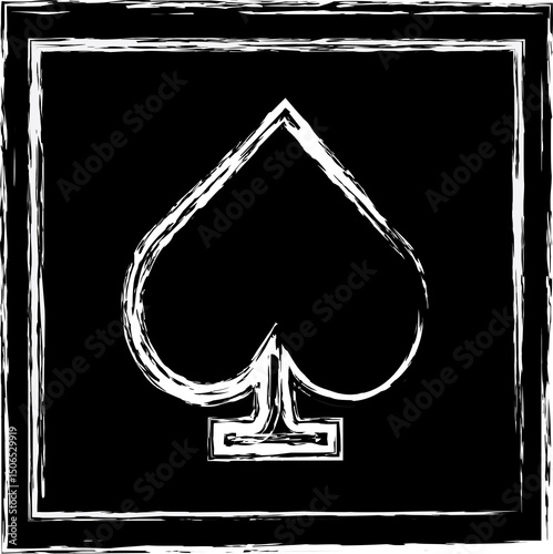 White hand drawn Spade Icon on Black Background. Playing Card Symbol Illustration in frame with brush stroke border.