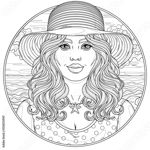 Woman in a hat by the sea  in a round frame.Coloring book antistress for children and adults.