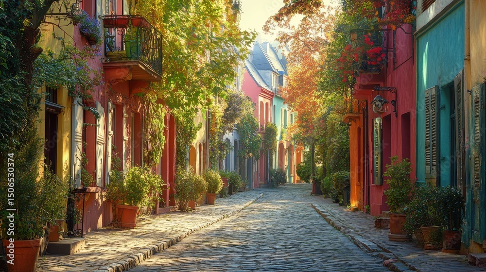 Fototapeta premium Sunlit Cobblestone Street with Colorful Buildings and Lush Greenery