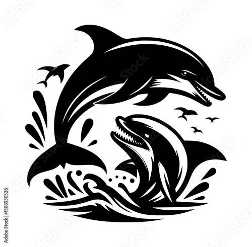 Dolphin Defending Shark Silhouette Logo