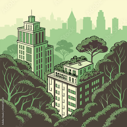 Green Cityscape Buildings nestled among lush trees a vibrant urban nature scene