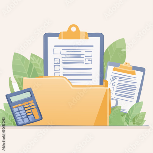 A clean vector illustration of freelance finance tools, including tax forms, digital invoices, and a contract setup, shown in a modern solo workspace.