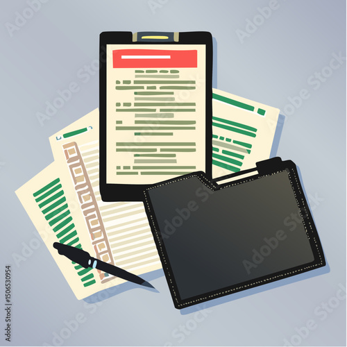 A clean vector illustration of freelance finance tools, including tax forms, digital invoices, and a contract setup, shown in a modern solo workspace.