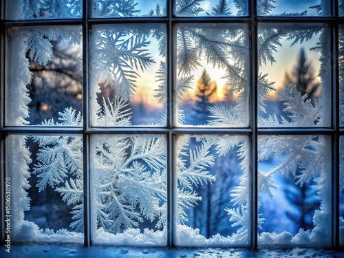 Stunning Winter Frost Patterns on a Window at Sunrise