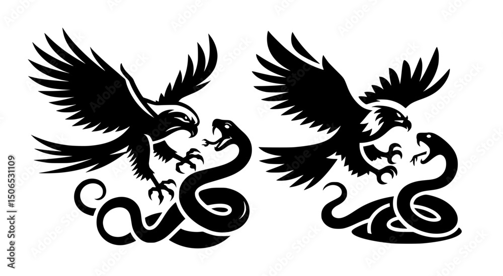 Fototapeta premium Hawk Hunting snake Silhouette Logo Black White Background 