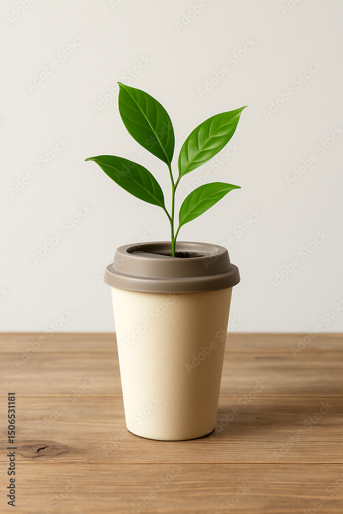 Obraz premium Fresh Green Plant Sprouting from a Reusable Coffee Cup on a Wooden Surface - Symbolizing Sustainability, Growth, and Eco-Friendly Concepts