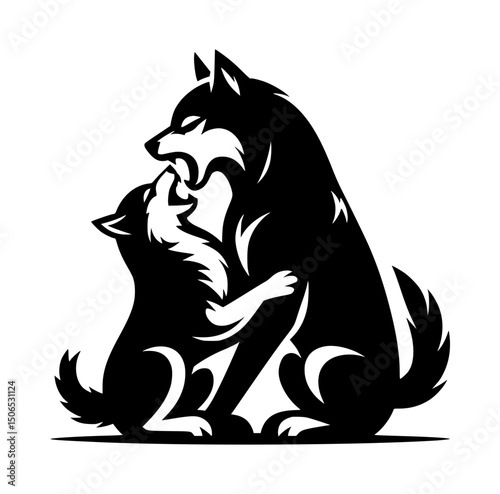 Husky Biting Husky Silhouette Logo Black White Background 