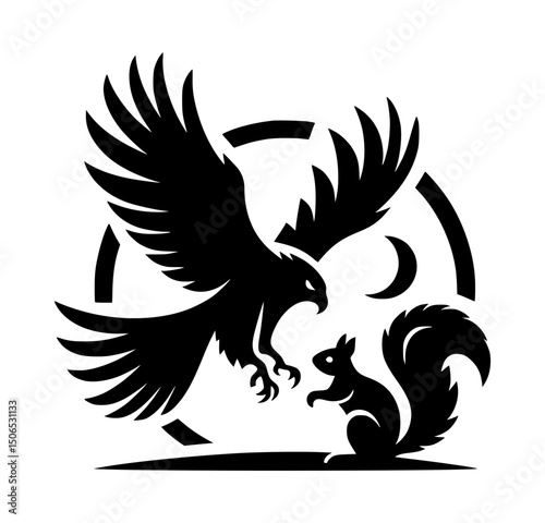 Hawk Attacking Squirrel Silhouette Icon Logo Black Vector