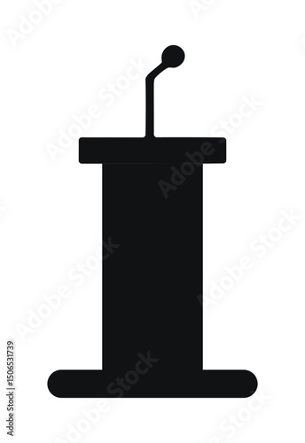 Black tribune icon stand rostrum with microphones on white background. Podium or pedestal stand for speech or public pulpit for orator. Tribute for press conference or media, politics communication.