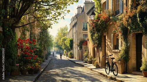 Fototapeta Naklejka Na Ścianę i Meble -  Sunlit Parisian Street with Blooming Flowers and Cobblestones
