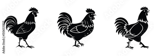 Hen cock rooster chicken chick Farm animal poultry broiler icon silhouette vector  isolated on white background.