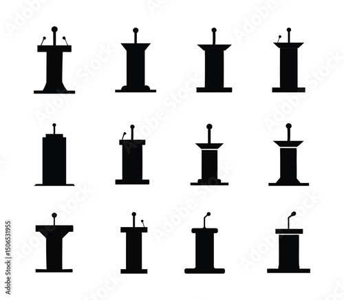 Black tribune icon stand rostrum with microphones on white background. Podium or pedestal stand for speech or public pulpit for orator. Tribute for press conference or media, politics communication.