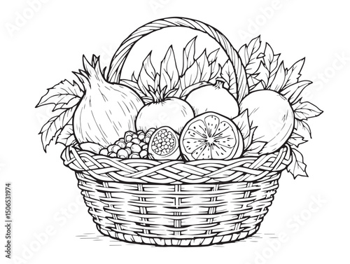 Elegant fruit basket line art drawing for vector artwork