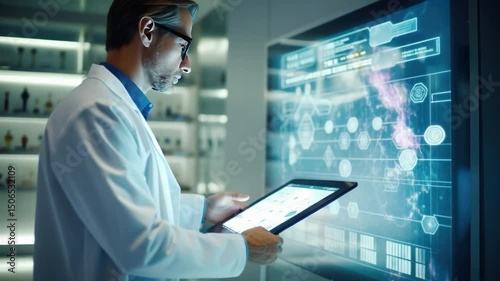 Unveiling Science: A focused scientist, enveloped in the futuristic glow of technology, delves into complex scientific data, a tablet in hand, showcasing innovation. 
