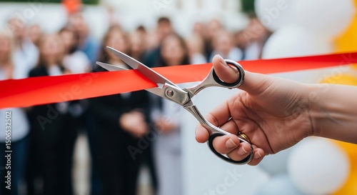 A hand cuts a red ribbon with scissors. The concept of opening a new business or for a grand opening ceremony.