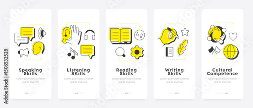 Language learning mobile app onboarding screens. Speaking, listening. Reading, writing. Communication, studying. Flat UI UX design, yellow highlight with outline icons conceptual. Lexend font used