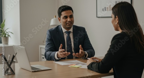 Professional business meeting between two individuals discussing strategies in an office