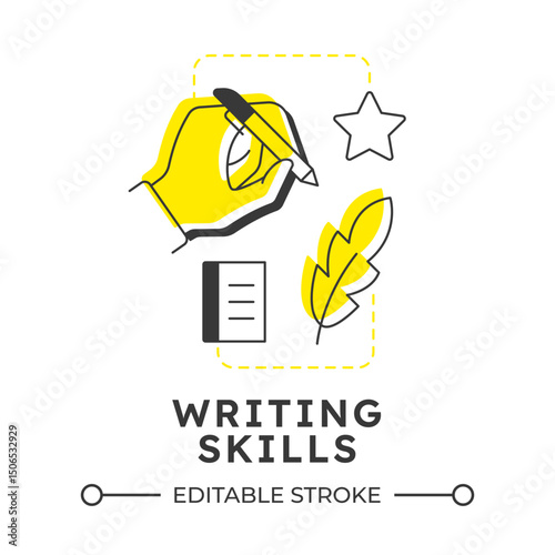 Writing skills modern linear concept icon. Studying process, grammar learning. Education, knowledge. Flat outline elements connected with dotted lines. Creative visual. Easy to edit
