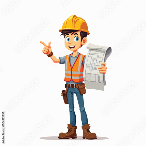 Cartoon Construction Supervisor Holding Blueprint and Pointing – Vector Illustration