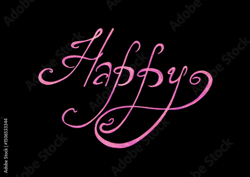 Wallpaper Mural Lettering the word Happy. Pink color. Isolated on black background. Italic font. Thin lines, long rounded serifs, twisting in a spiral. Different shades of light pink color. Torontodigital.ca