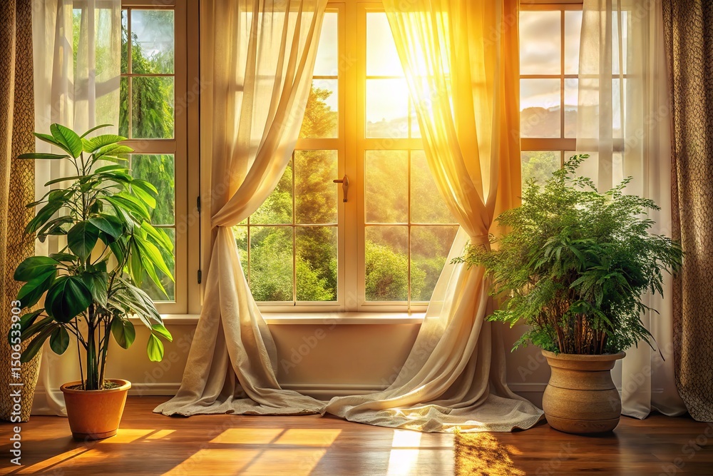 Fototapeta premium Sunny Room with Window, Curtains, and Plants