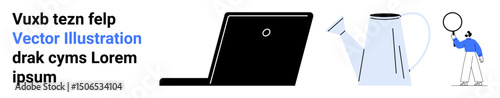 Black laptop, watering can pouring water, person holding magnifying glass. Ideal for technology, growth, exploration, curiosity, education, focus and simple landing page