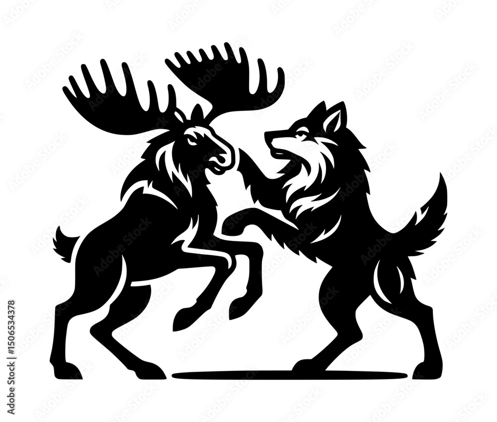 Fototapeta premium Moose Fighting Wolf Silhouette Icon Logo Black Vector