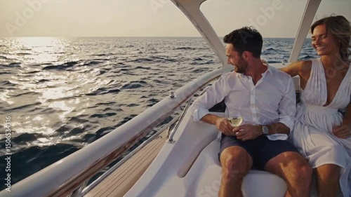Luxury on the Waves: A stylish couple enjoys a sunset yachting experience. Smiling with delight and sharing tender moments in the sun. 
