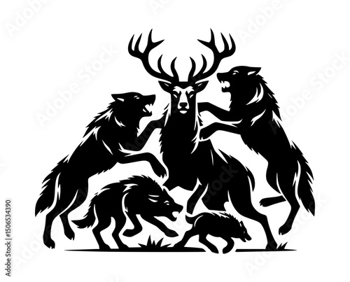 Moose vs Wolf Silhouette Logo Black White Background