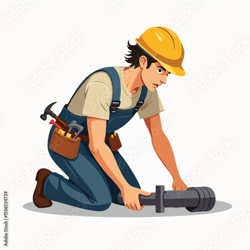  Cartoon Worker Fixing Industrial Machine – Engineering Vector Illustration