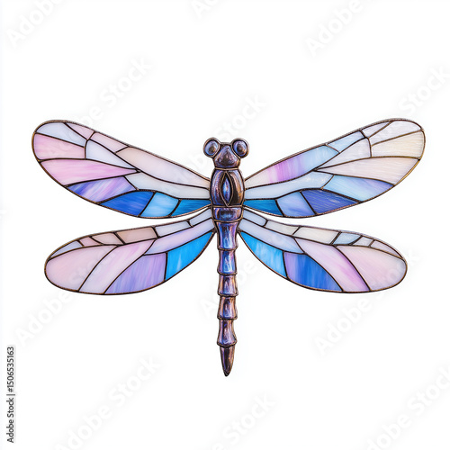 Colorful stained glass dragonfly with intricate wings, vibrant pattern, symmetrical design, isolated on white background