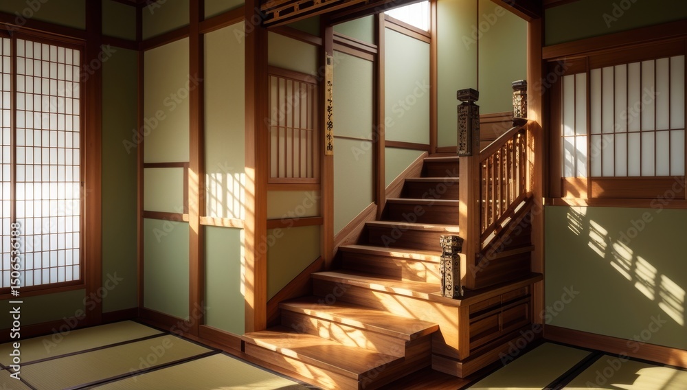Obraz premium Elegant Japanese Interior with Sunlight Streaming Through Shoji Windows and Wooden Staircase