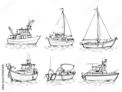 fishing boat line art with detailed nautical design elements