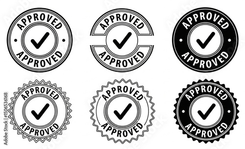 Approved Stamp Collection - Set of Black and White Vector Badges with Check Marks for Quality Assurance and Compliance Verification