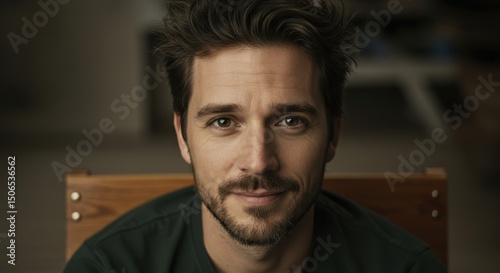 Portrait of a smiling young man in a cozy indoor setting with soft lighting