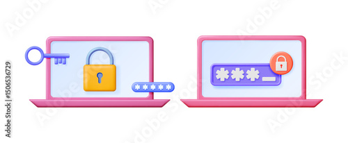 3d vector illustration security for laptop. Laptop with key, padlock, and password field. Data protection concept.