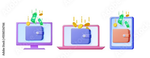 Digital wallet on monitor, laptop and phone. Online money transfer and payment concept. E commerce and blockchain transaction.