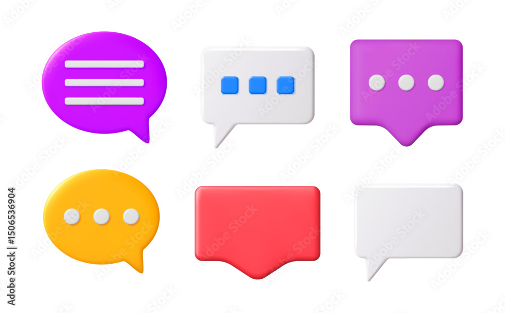 Pack of colorful 3d chat bubbles. Online text message and social media concept. Modern speech bubble icon set.