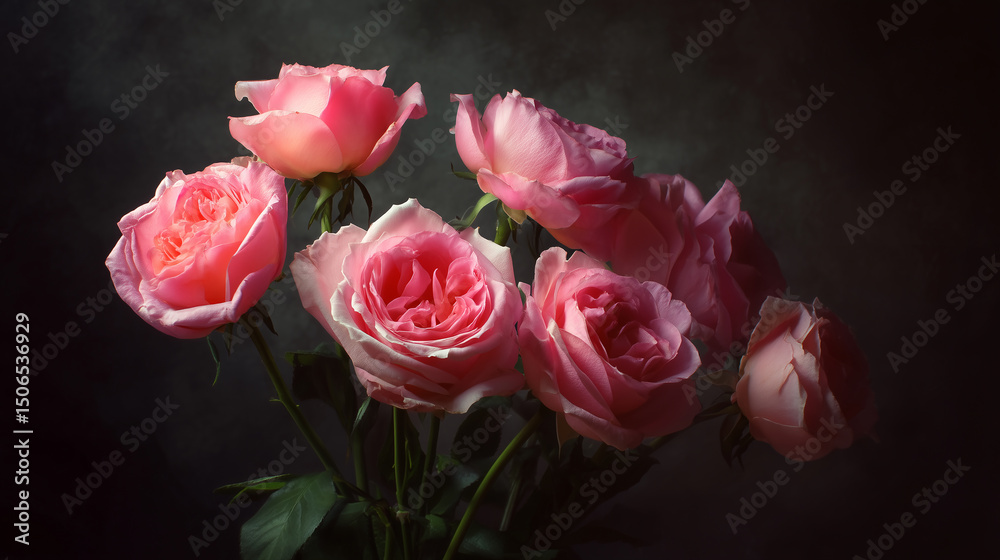 Fototapeta premium ドラマチックな光に照らされたピンクローズ──高級感ある空間演出に適したクラシカル素材