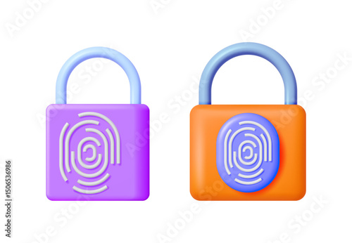 Two vector 3d padlocks with fingerprint scanners for secure digital identity and access control online. Security and privacy concept.