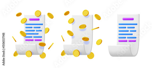 White paper bill or invoice with falling golden coins. Financial transaction concept. Receipt or checklist for business account. Payment for shopping.