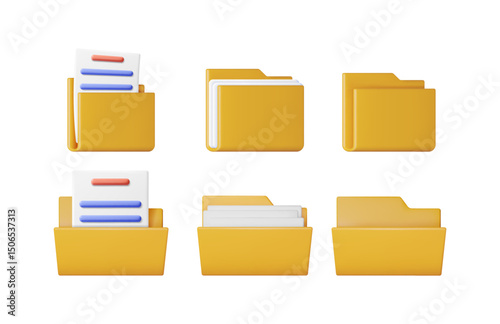 Collection of 3d rendering yellow document folder icons with file papers and empty concept for file management and organization.