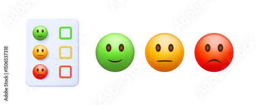 3d vector rating scale with checkboxes and emoticons. Customer feedback review system from happy to sad. User experience survey concept.