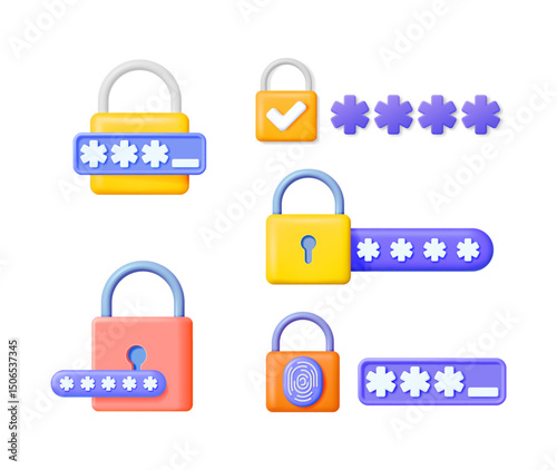 Vector 3d illustration set of various colorful padlock icons with password fields. Security and privacy of personal data concept for web design.