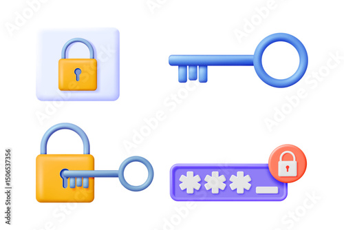 Padlock and key icon set for online security and password protection. Digital render isolated on white background.