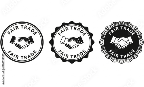 Fair Trade Label Set with Handshake Icon | Ethical Business and Sustainable Sourcing Certification Badges for Product Packaging and Branding